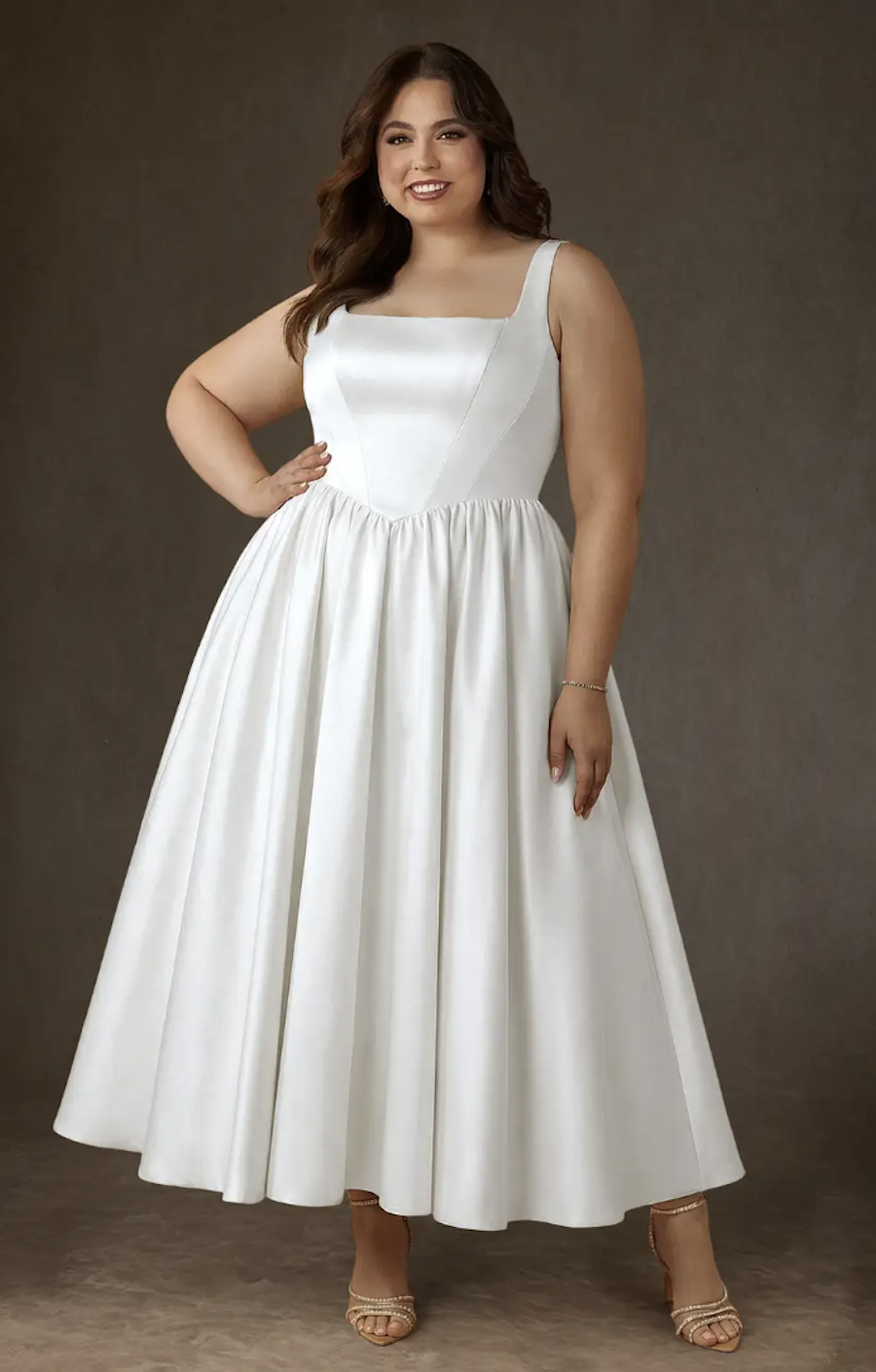 Azazie satin plus size wedding dress with pockets