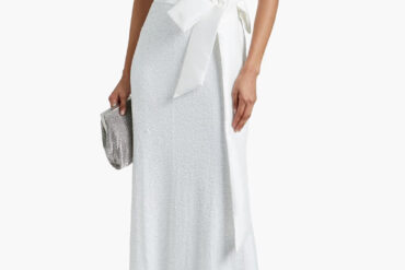 Belted Satin Sequin White Long Dress