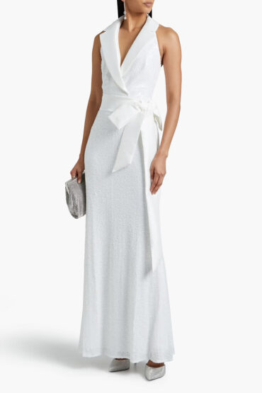 Belted Satin Sequin White Long Dress