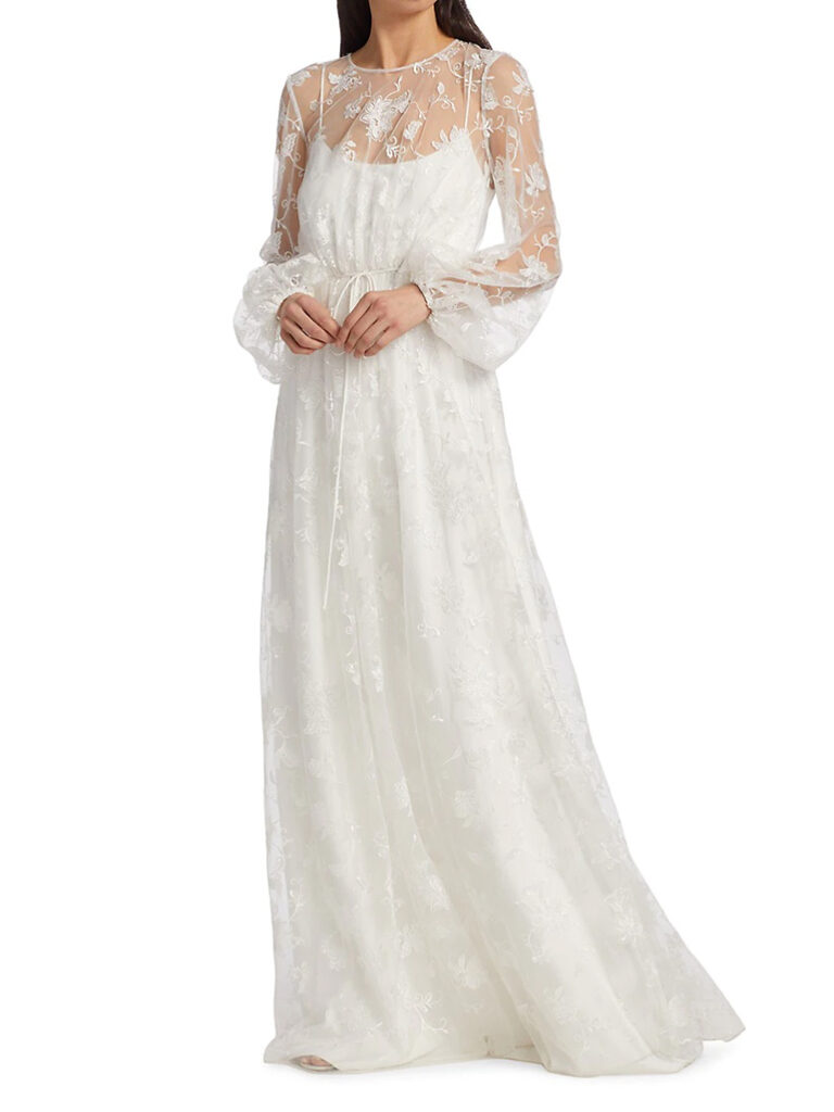 Embroidered Tulle Long Sleeve Gown