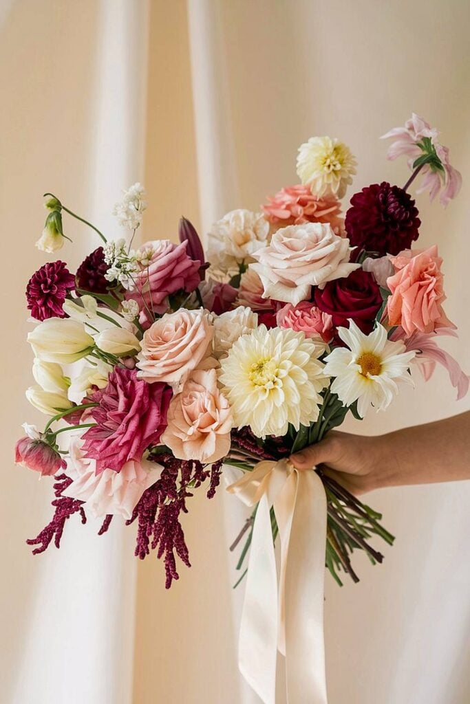 Autumn bridal bouquet with burgundy and blush roses.