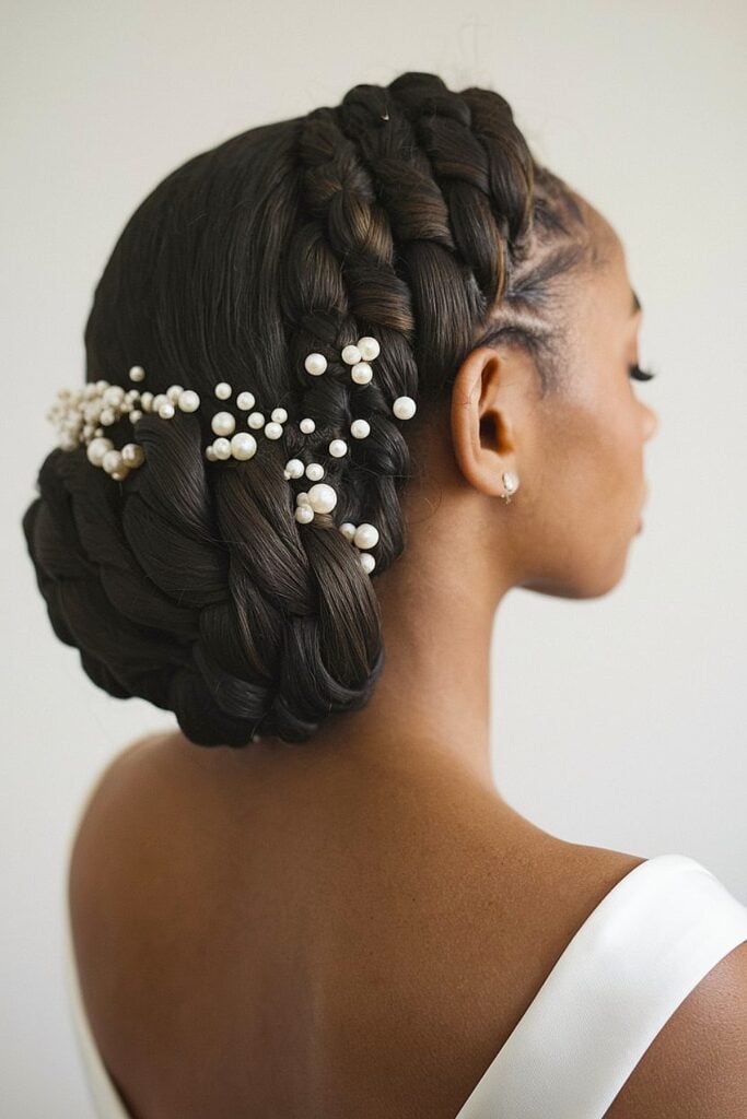 Updo with braids and pearls for Black bride’s wedding hairstyle