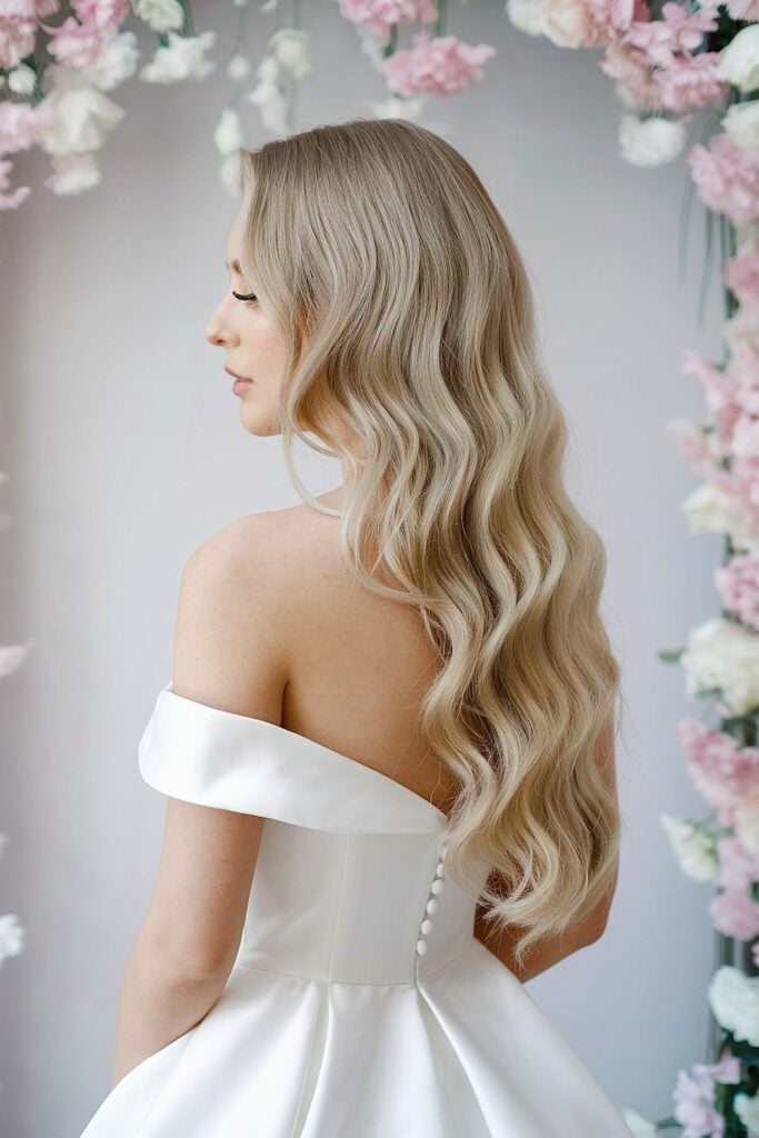 Soft wave down hairstyle for blonde bride