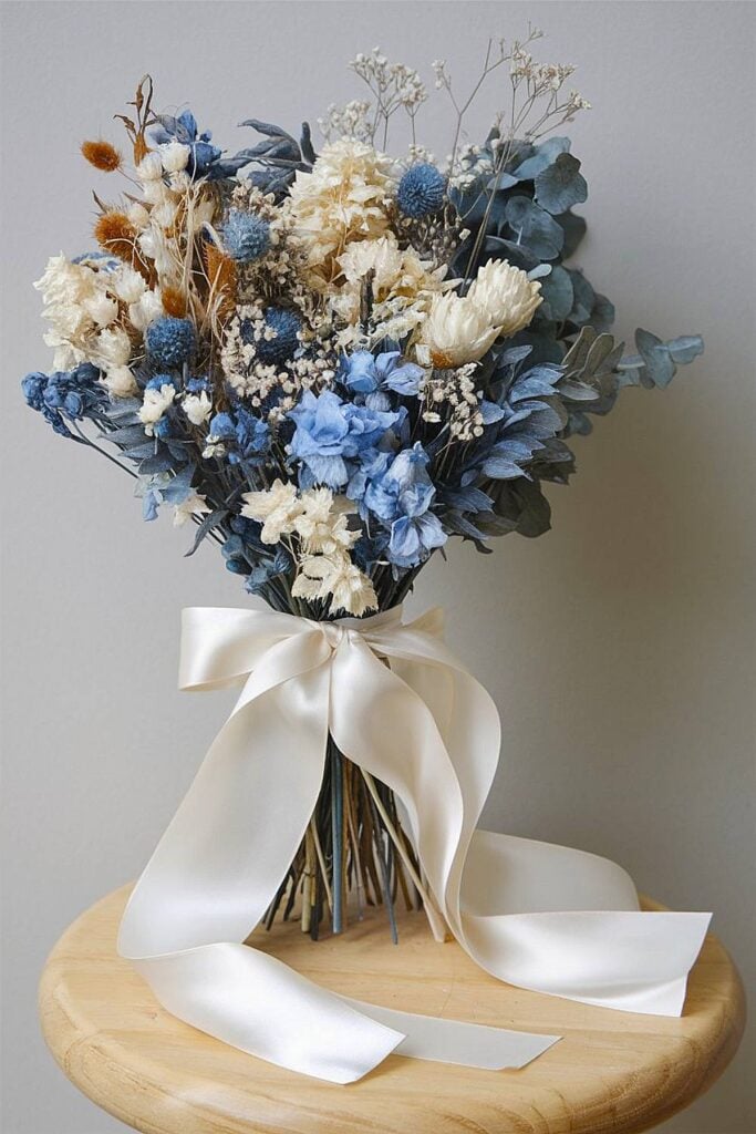 Blue and white bridal bouquet with dried flowers.