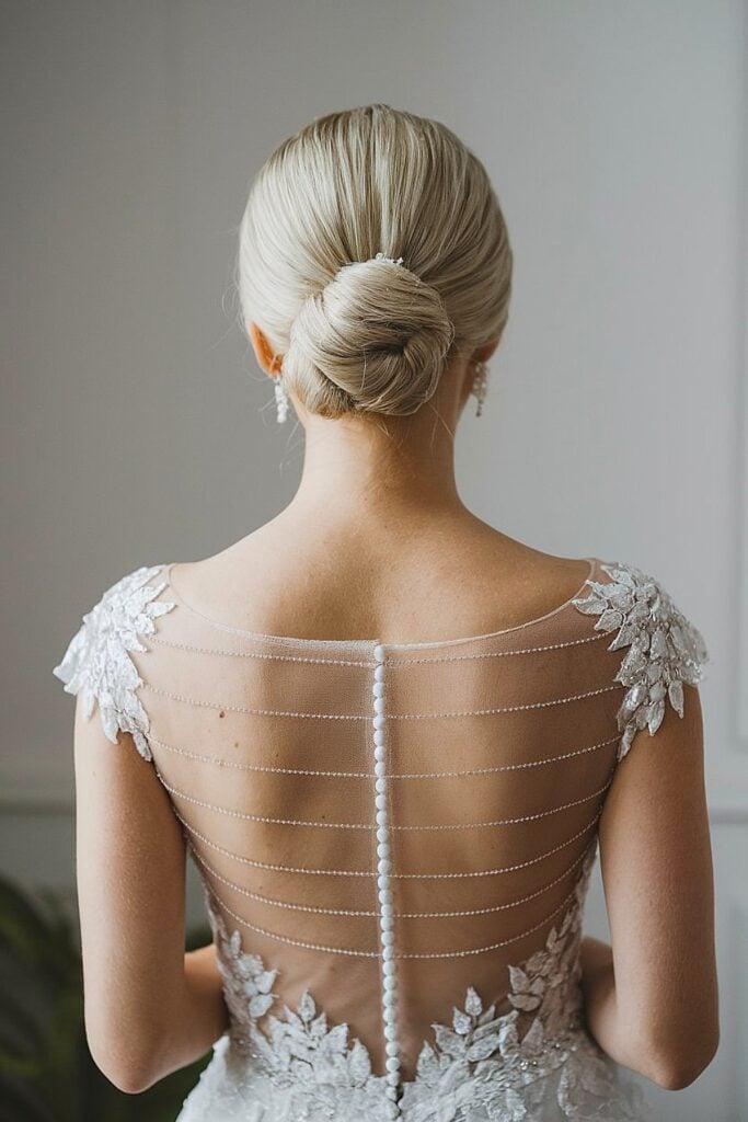 Sleek low bridal bun with lace back detail