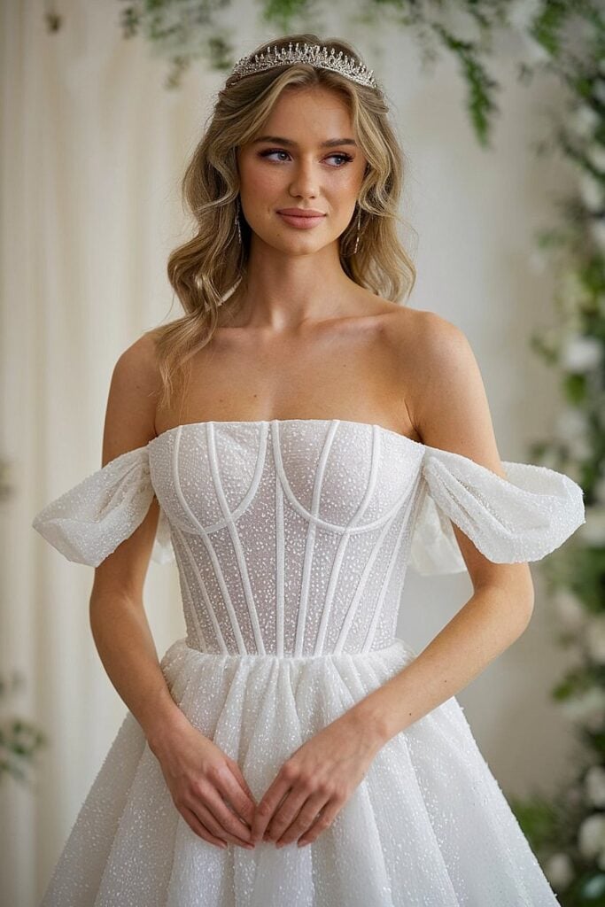 Loose waves with tiara for bridal crown hairstyle