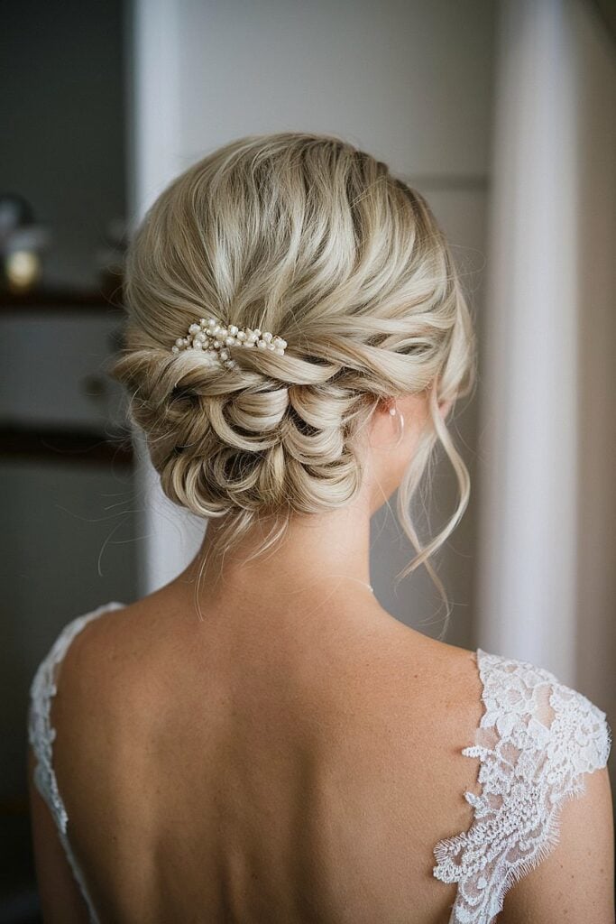 Classic updo with pearls for elegant wedding look