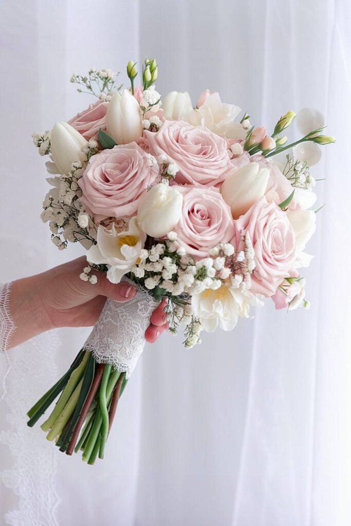 Juliet roses bridal bouquet with lace-wrapped stems.