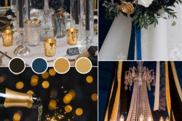 New year's eve wedding color palette navy gold black white tones.