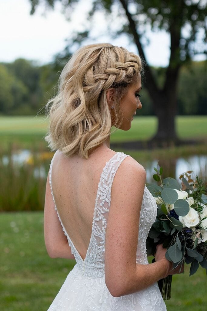 Short wavy hair with side braid for bridal style
