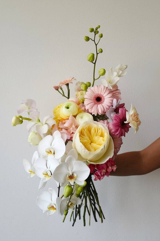 Summer bridal bouquet with white orchids and pink blooms.