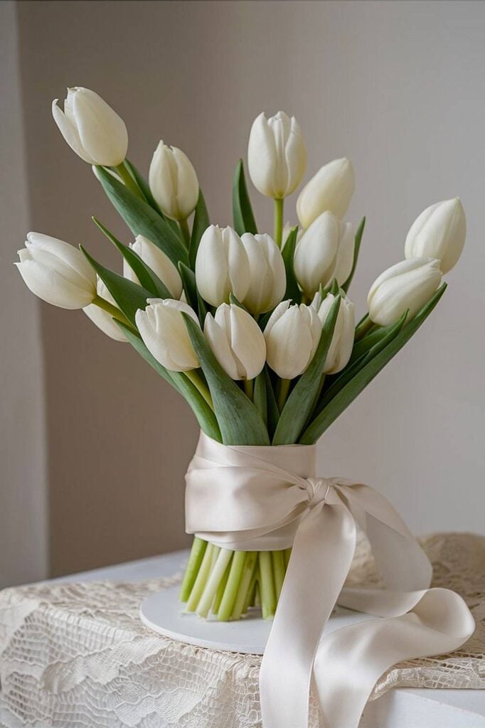 Tulip bridal bouquet with white blooms and satin ribbon.