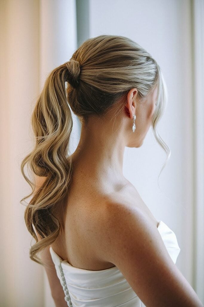 Elegant high ponytail wedding hairstyle with waves