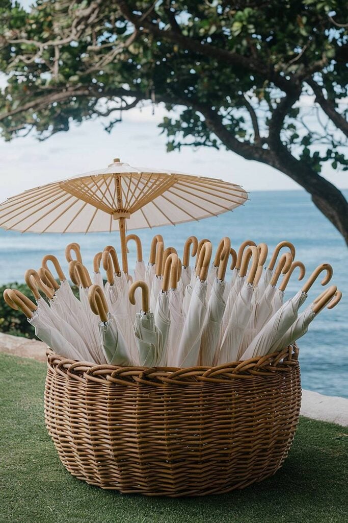 Beach umbrellas for wedding guests displayed in a woven basket.