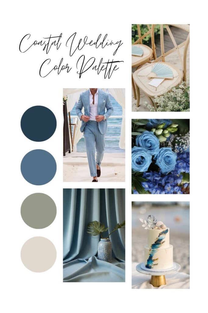 Coastal wedding color palette with blues greens and beige tones.