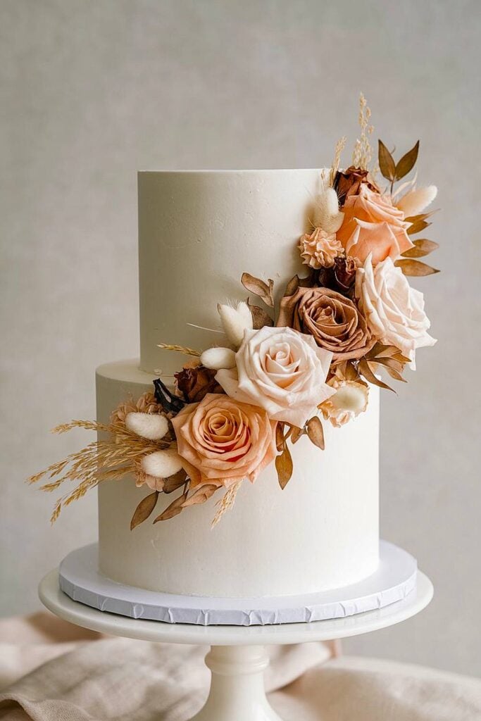 Wedding cake with dried flower decorations and beige tones.