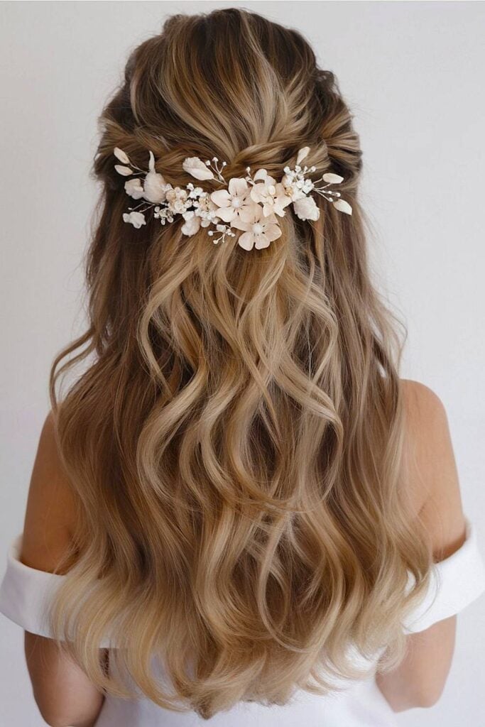 Elegant beach wedding headpiece with floral design.