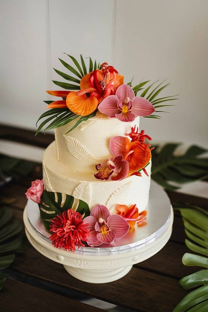 Tropical Hawaiian flower wedding cake with orchids.