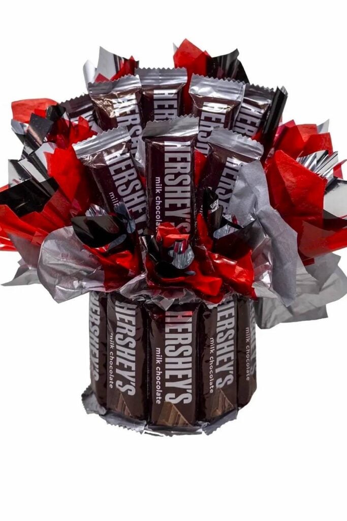 Hershey candy bouquet for rustic wedding gift.
