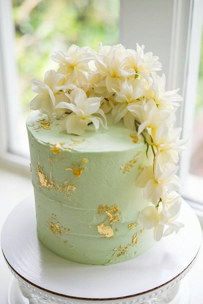 Jasmine flower wedding cake with mint green frosting.