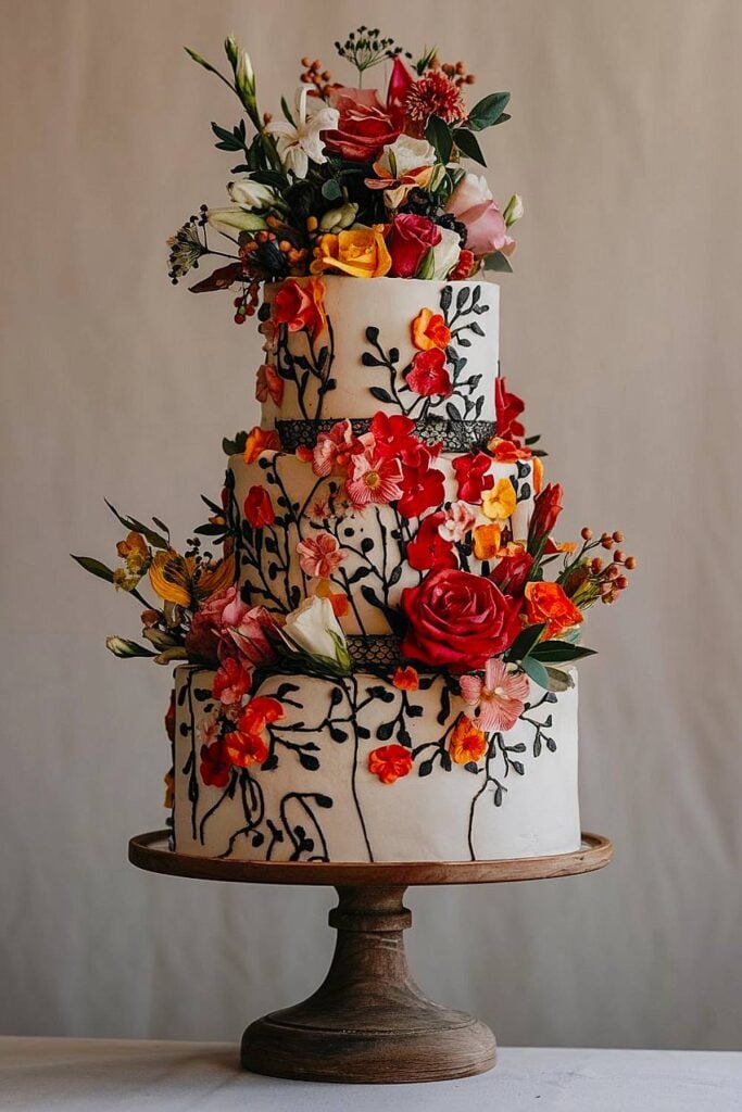Mexican-inspired flower wedding cake with bold colors.
