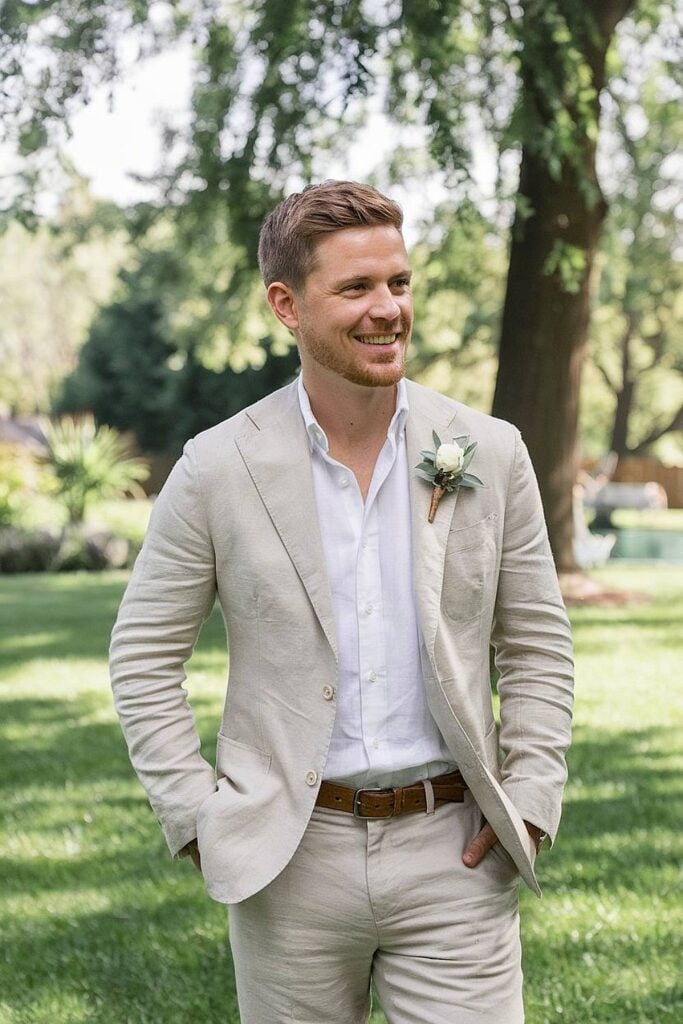Groom in beige linen suit for modern backyard wedding.