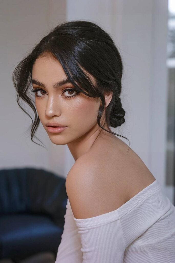 Natural beach wedding makeup look with dewy skin and defined lashes.