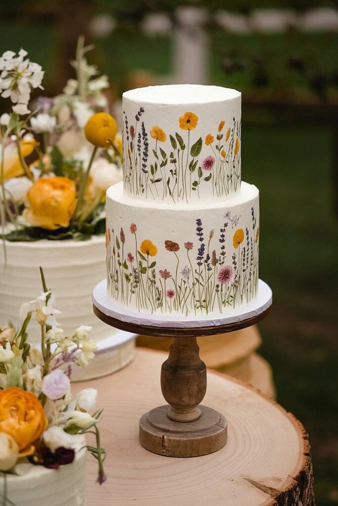 Pressed flower wedding cake with colorful edible blooms.