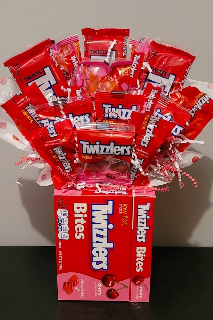 Twizzlers candy bouquet with red polka-dot accents.