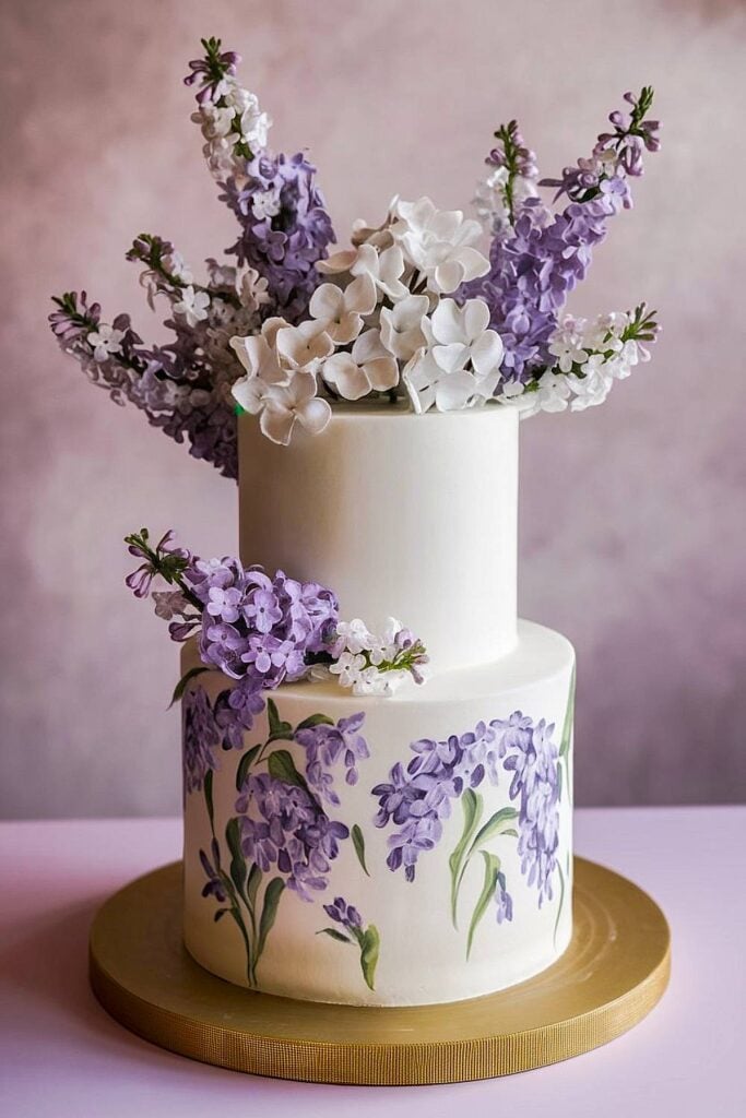 Wedding cake with lilac flowers and hand-painted details.