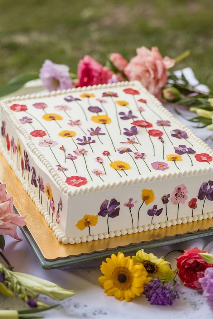 Wedding sheet cake with colorful pressed edible flowers.