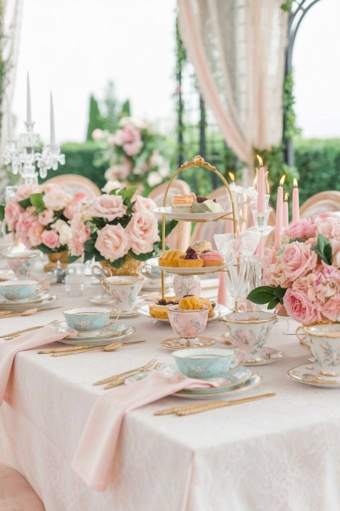 Bridgerton-inspired bachelorette tea party with pastel florals and china.