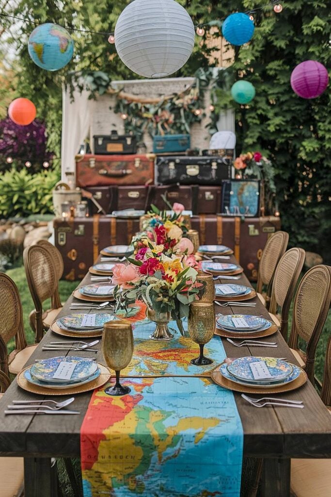 Adventure-themed bridal shower with vintage travel décor.