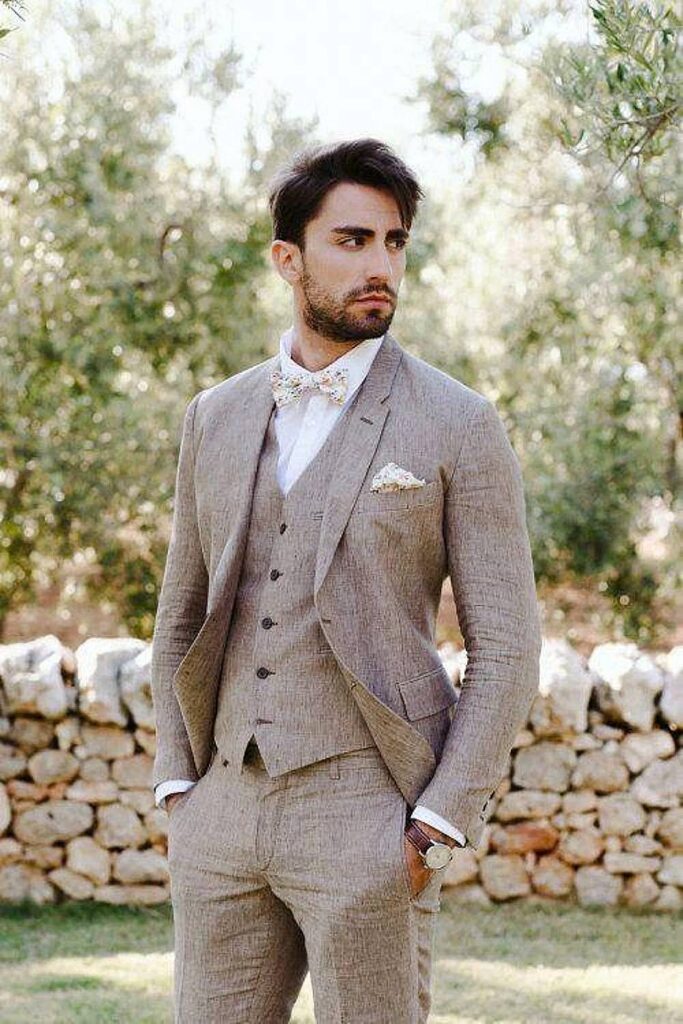 Brown linen groomsmen suit rustic wedding attire.