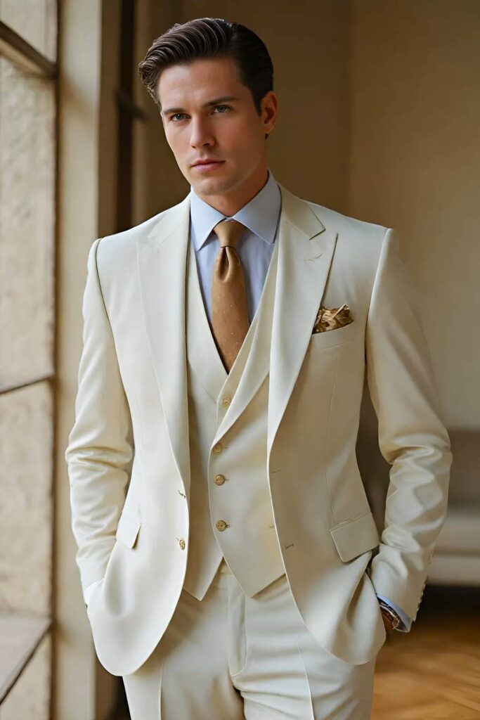 Cream groomsmen suit elegant wedding attire.