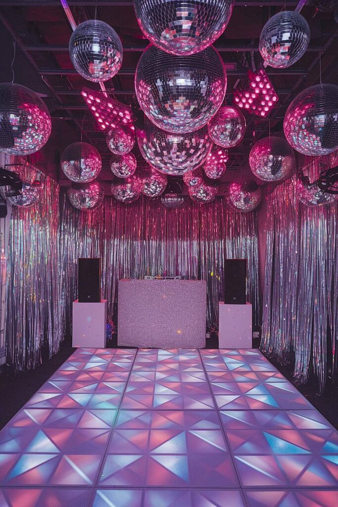 Disco bachelorette party dance floor with silver decor and lights.