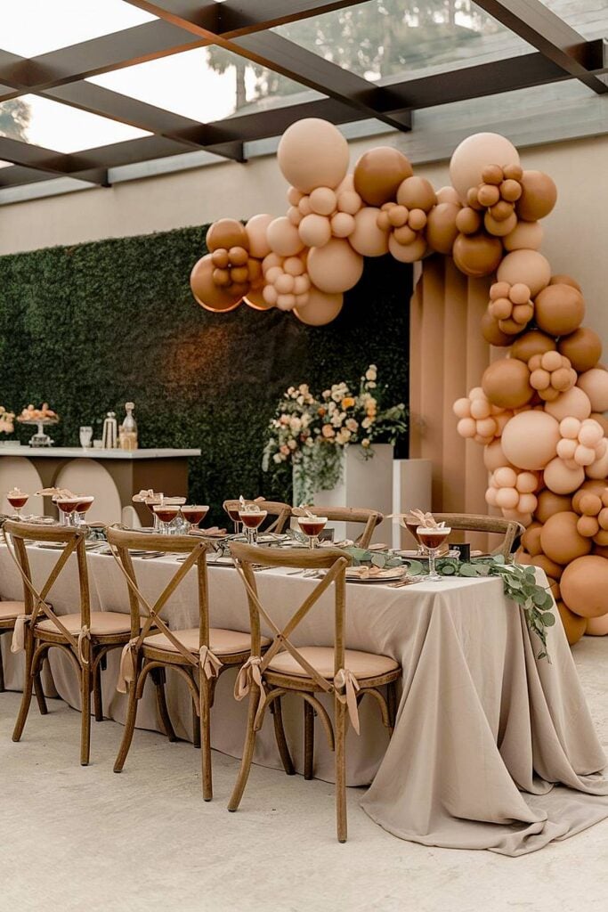 Espresso martini bachelorette party with neutral tones and cocktail bar.