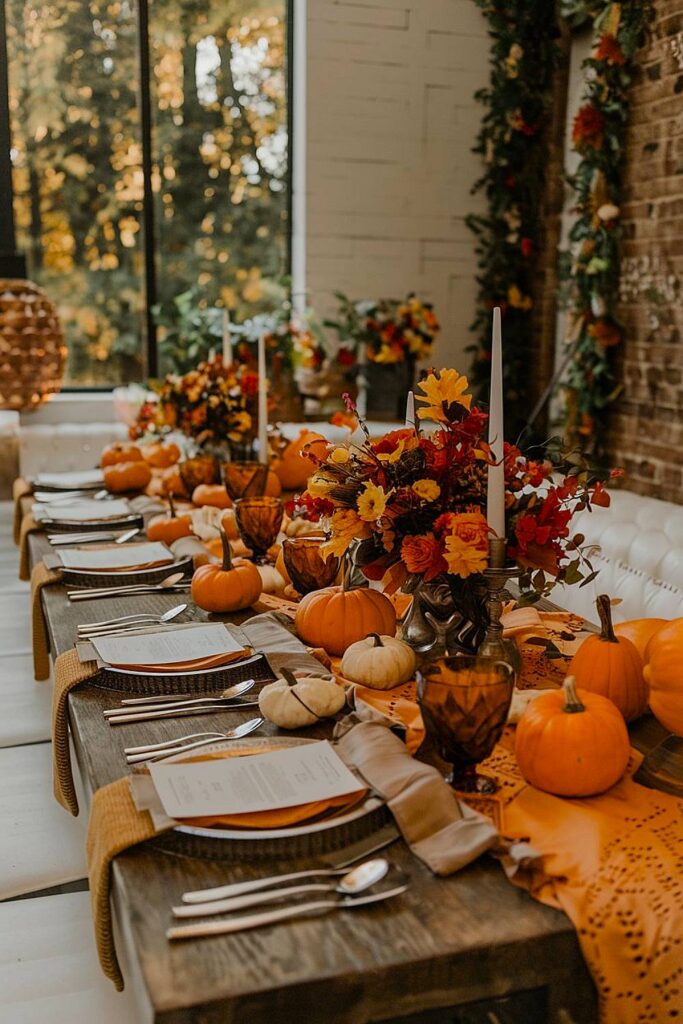 Fall-themed bachelorette party table with pumpkins and candles.