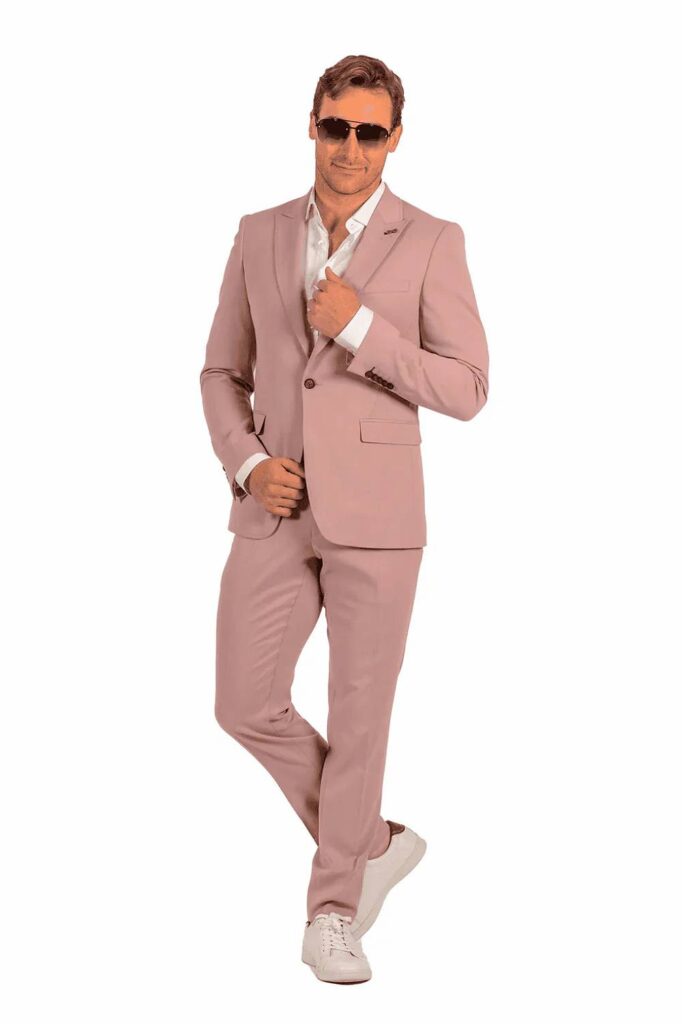 Mauve groomsmen suit wedding attire slim fit.