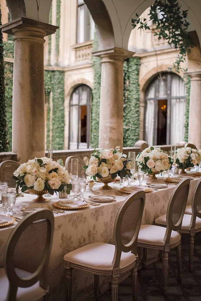 Old money-inspired bridal shower with vintage table décor.