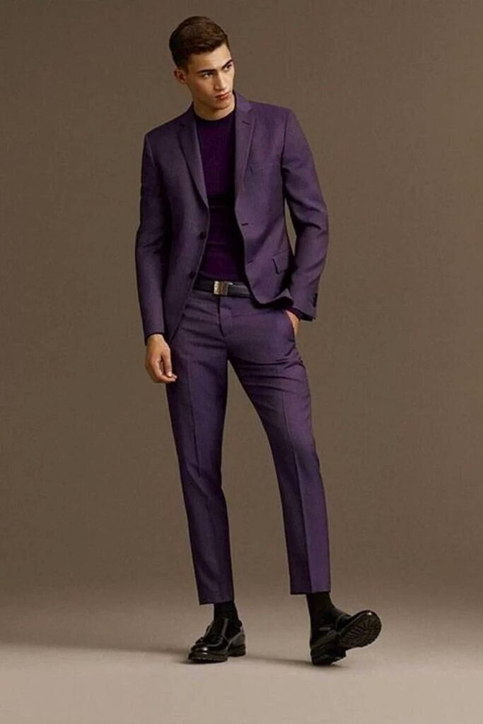 Dark purple groomsmen suit wedding formalwear.
