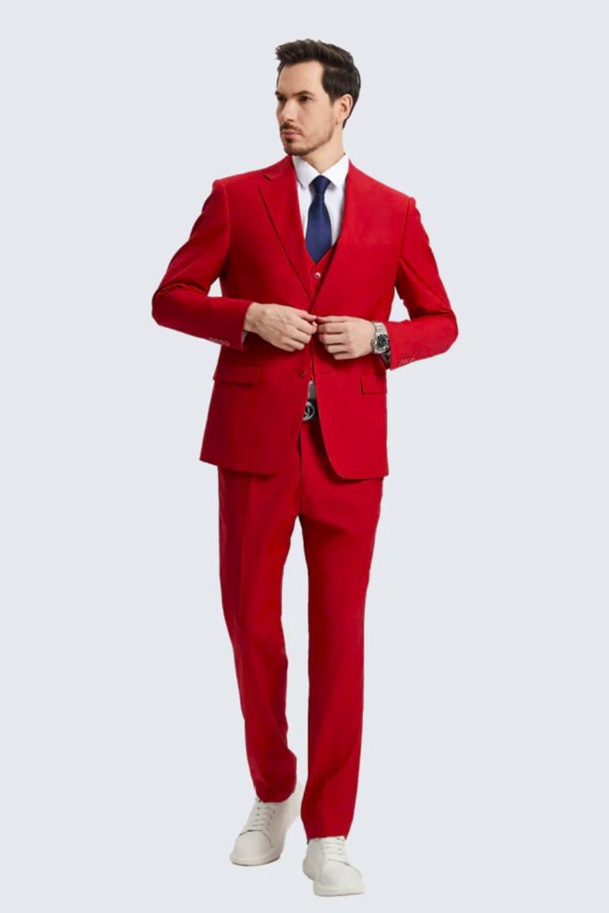Red groomsmen suit bold wedding attire.