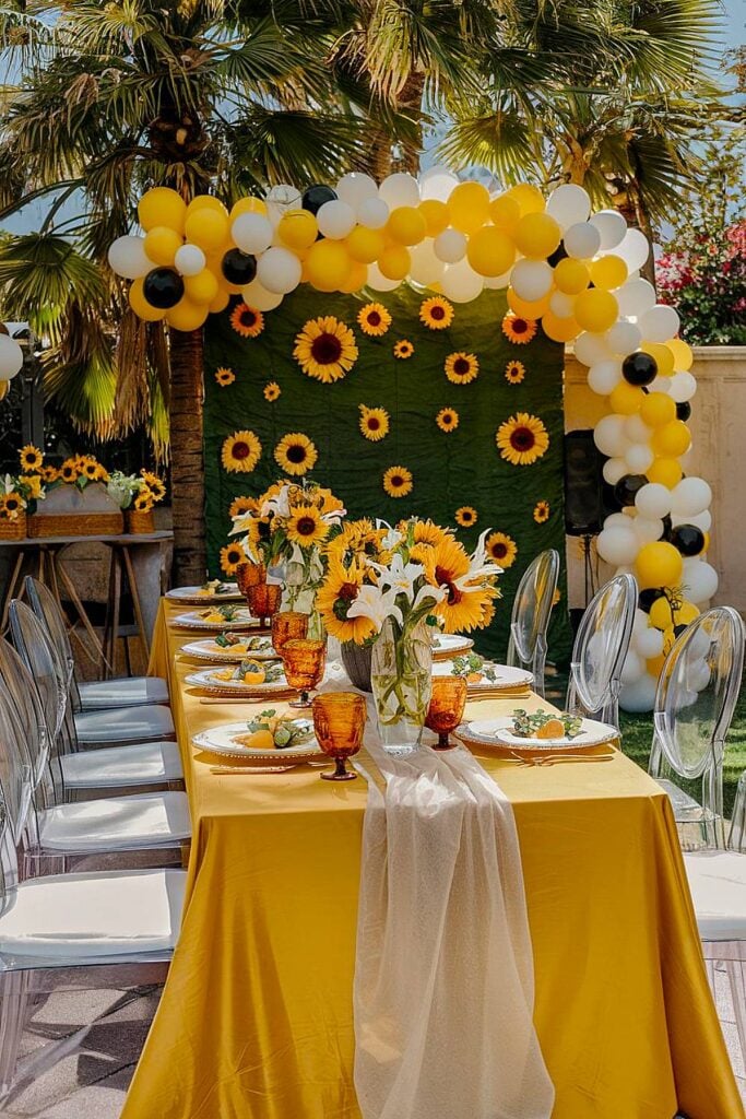 Sunflower-themed bridal shower with yellow table décor.