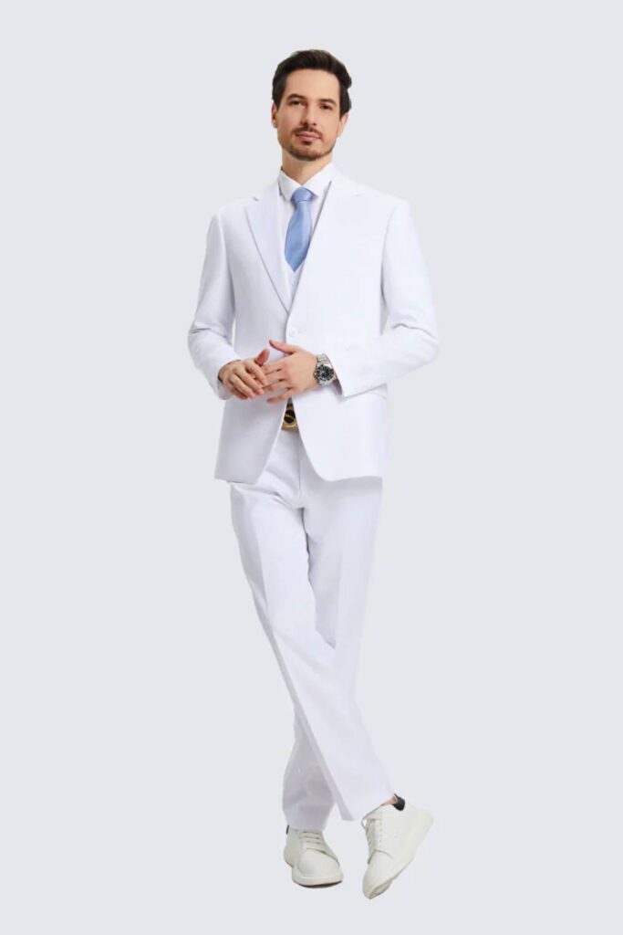 White groomsmen suit modern wedding attire.