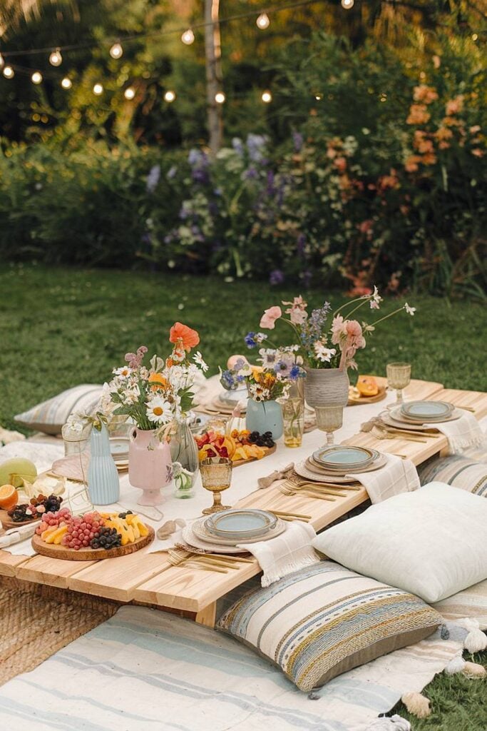 Wildflower bridal shower aesthetic with colorful floral table setting.