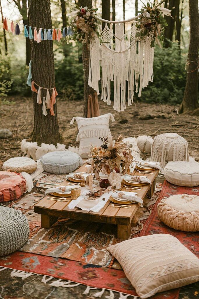 Woods-themed bachelorette picnic with boho decor and rugs.