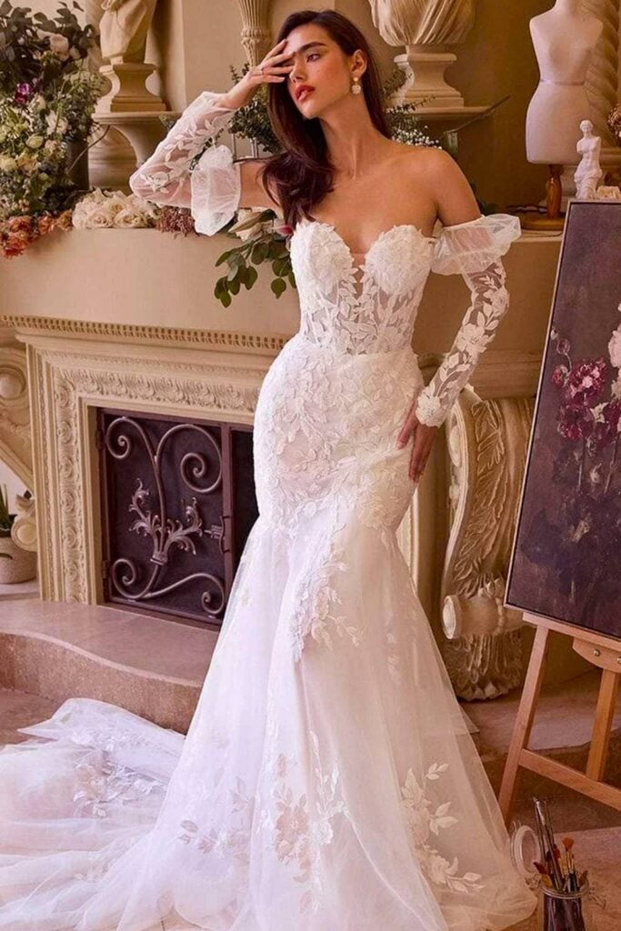 Fit and flare fairytale wedding dress with lace details.