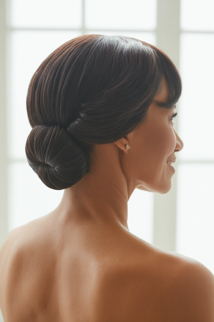 Low Chignon with Side-Swept Bangs
