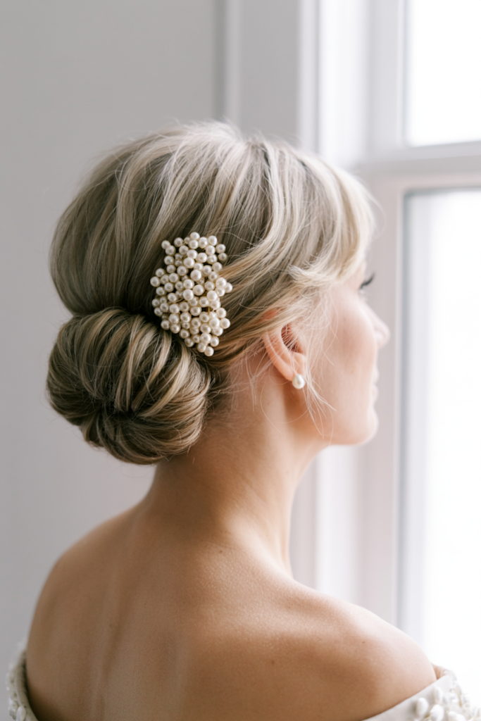 Low Chignon + Pearl Pins