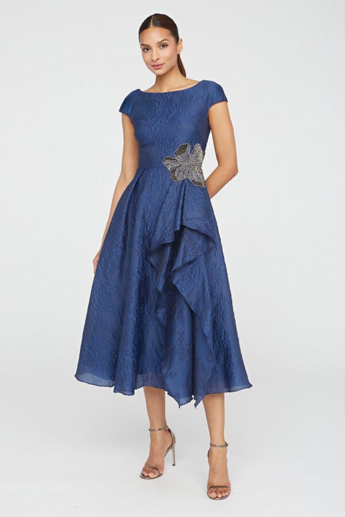 mother of the bride semi formal dress Off the Shoulder Satin Blush Mother of the Bride Dress with 3D Flower – VOS  LEE main image 1